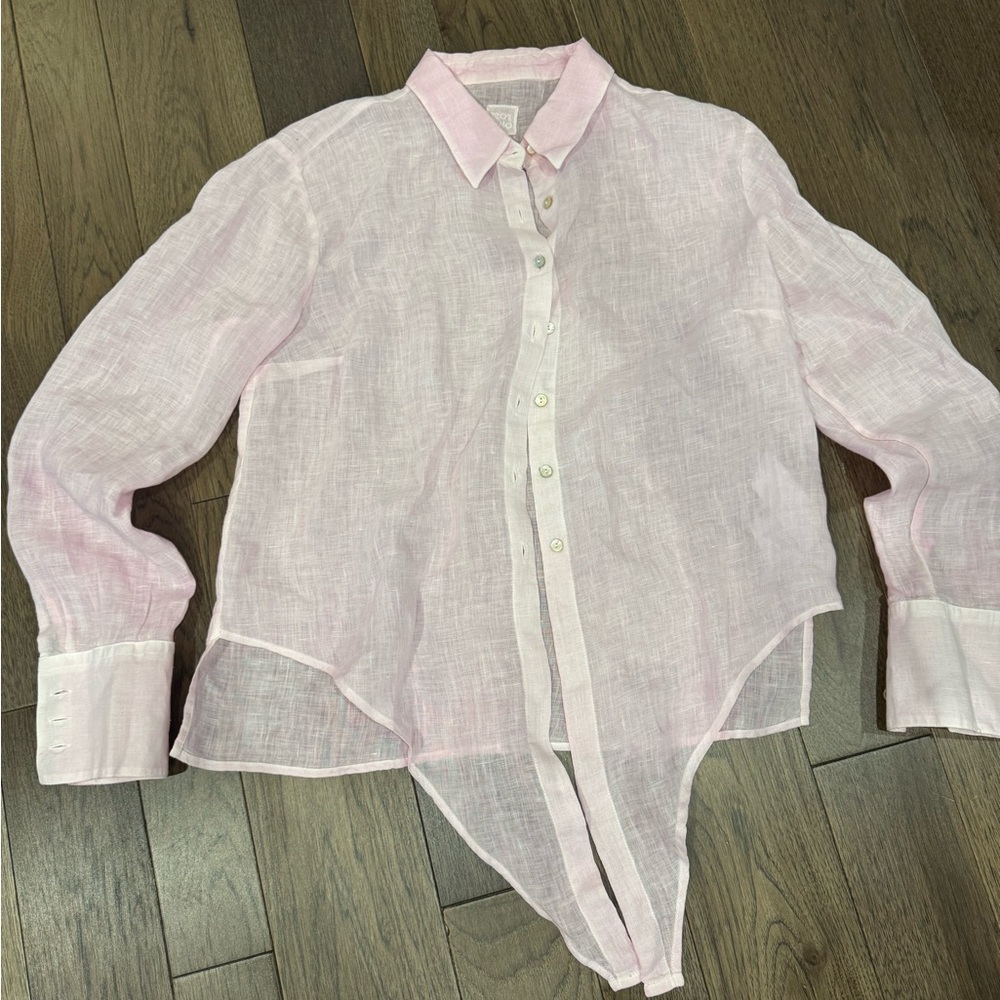 120% Lino Italian Light Pink Linen Tie-Front Button-Up Shirt - Picture 2 of 5